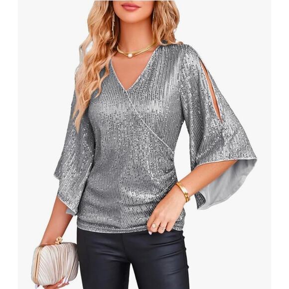 GRACE KARIN Sequin Tops 3/4 Sleeve Dressy Blouse Shirts size M - Picture 1 of 5